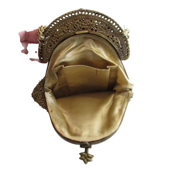 Antique Gold Beaded Purse Bag Brass Frame Silk Lining - Picture 10 of 10
